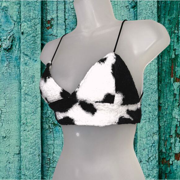 New Small Fuzzy Cow Print Backless Lace Up Crop Top‎ Vegan Furry Y2k Retro - Picture 2 of 5